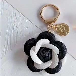 Camellia Flower Black & White Leather Keychain w/ Gold Coin Charm 🌸🖤